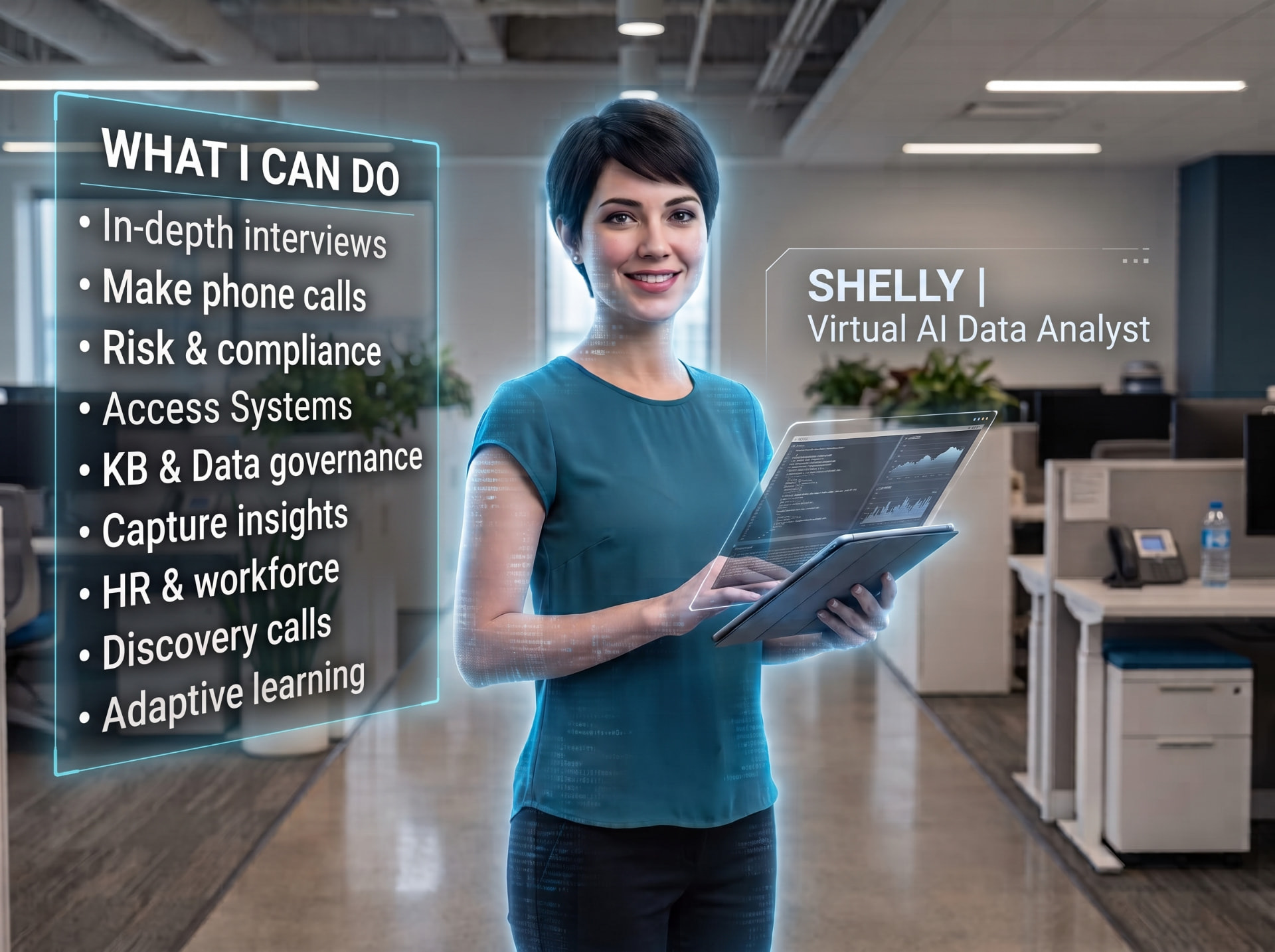 Shelly, a voice AI analyst, working alongside a team in a meeting room with data, HR records, policies, contracts and phone calls around her