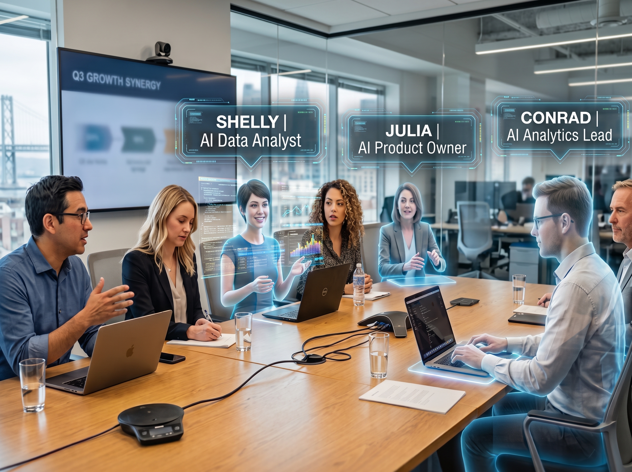 Shelly, the virtual AI data analyst, holding a tablet in an office next to a panel listing what she can do